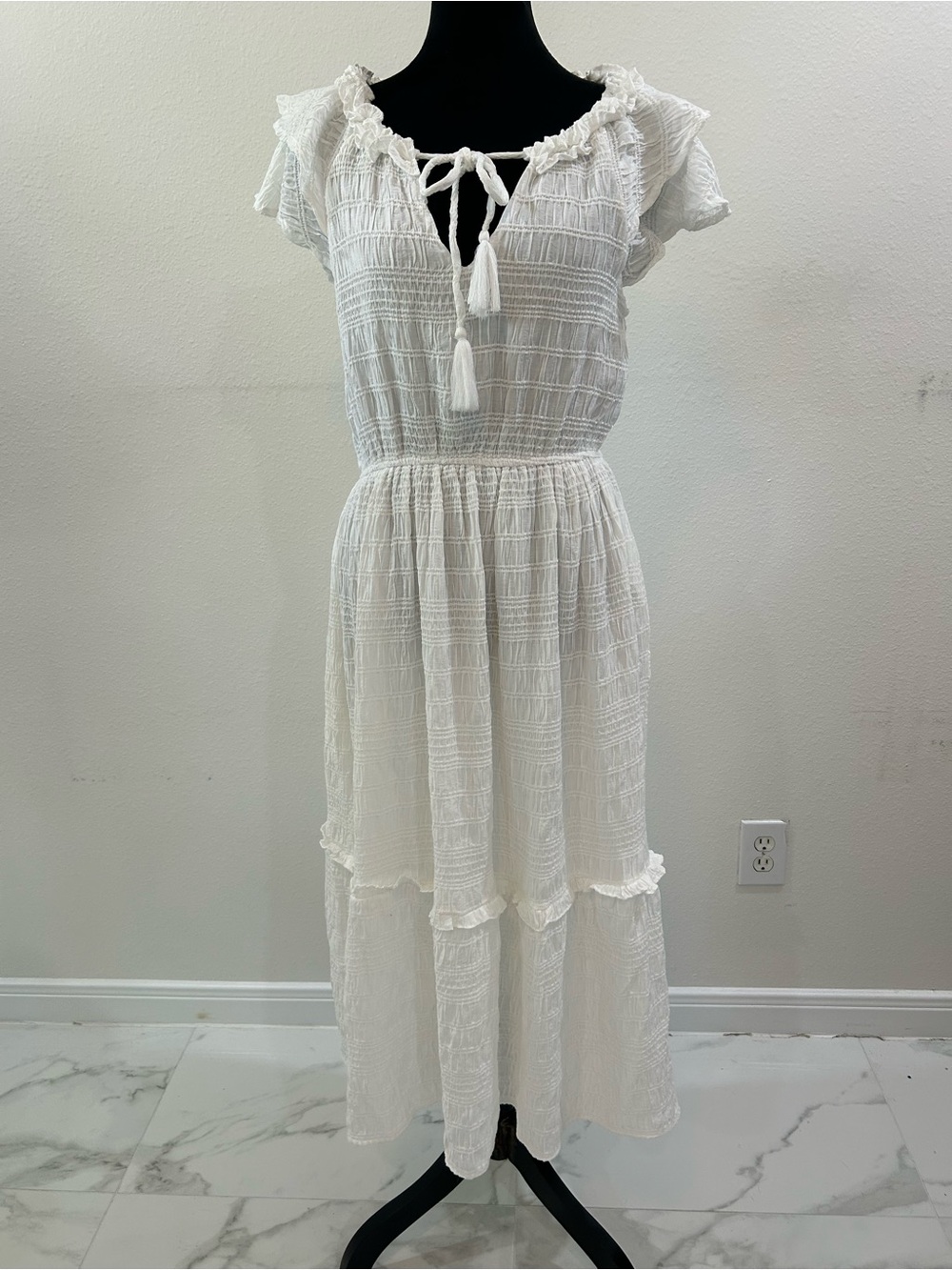 Talulah White Tie-Front Smocked Midi Dress, Size Small